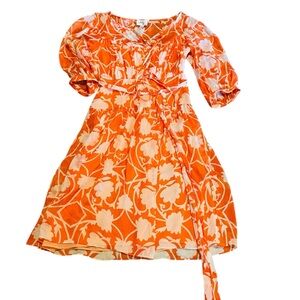 MILLY OF NEW YORK Orange White Flora Silk Long Sleeve Dress
